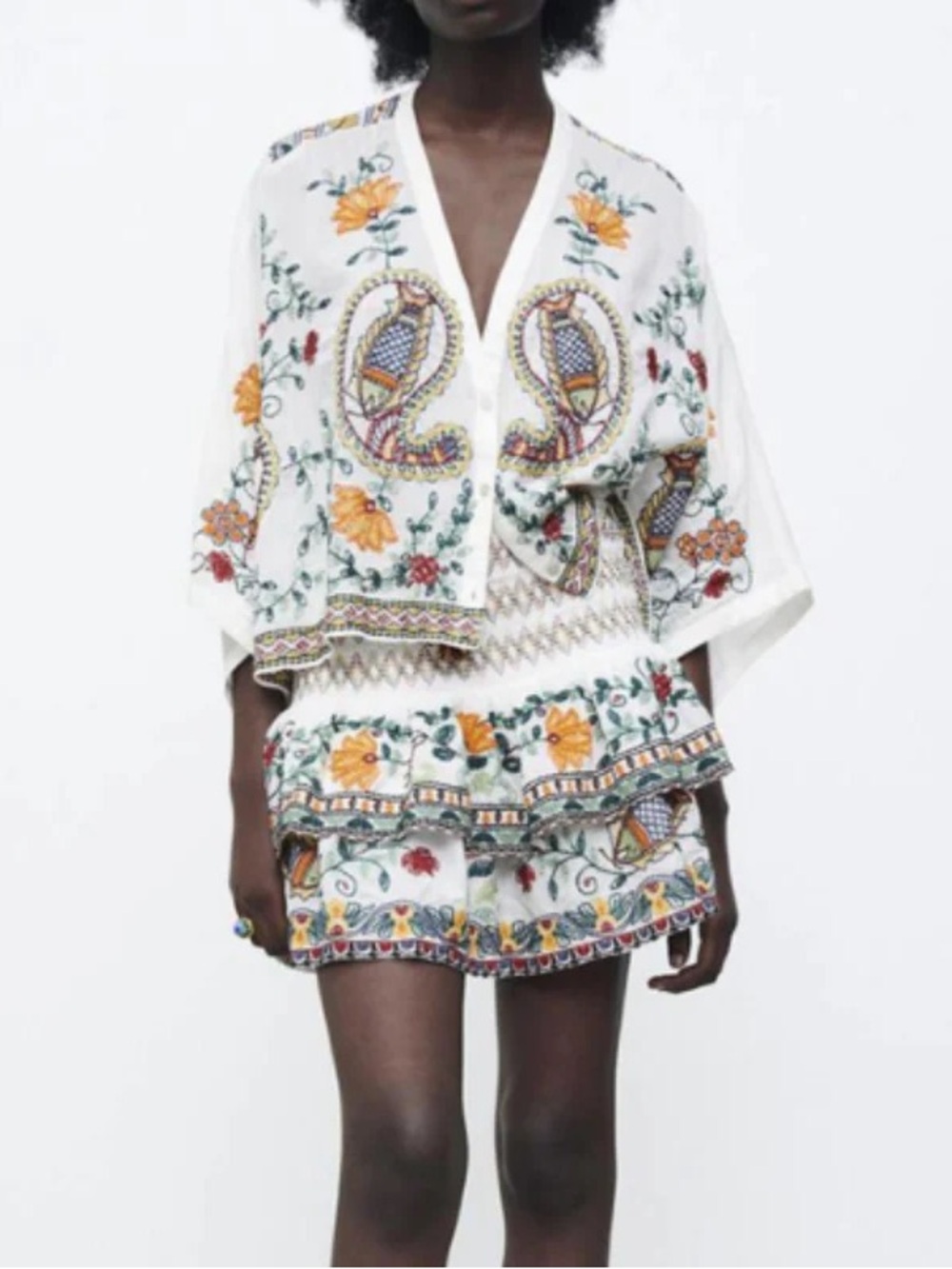 White Floral Embroidered V-Neck Mini Set 2 piece